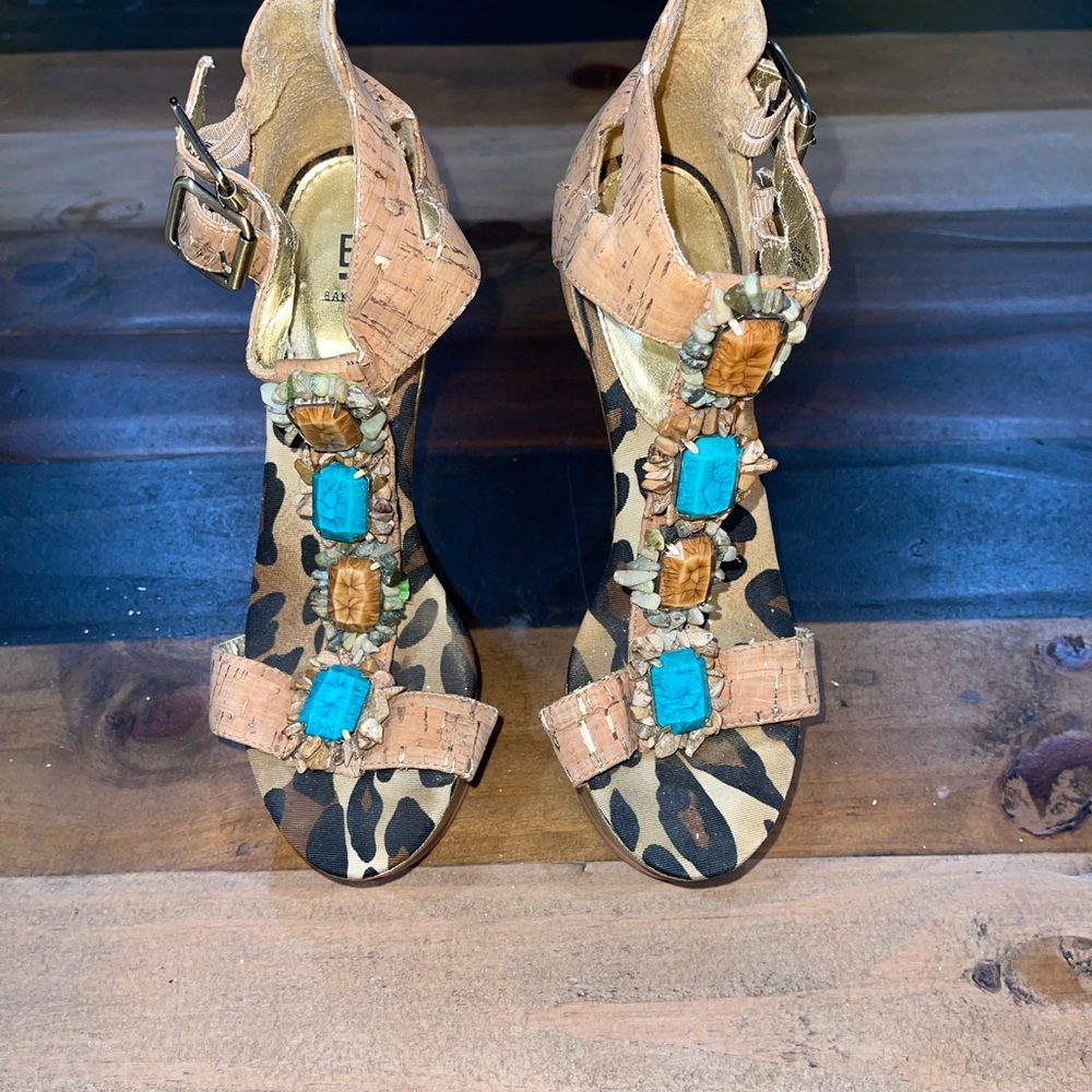 Etienne Aigner Animal Print Sandals with Turquoise and Brown Details